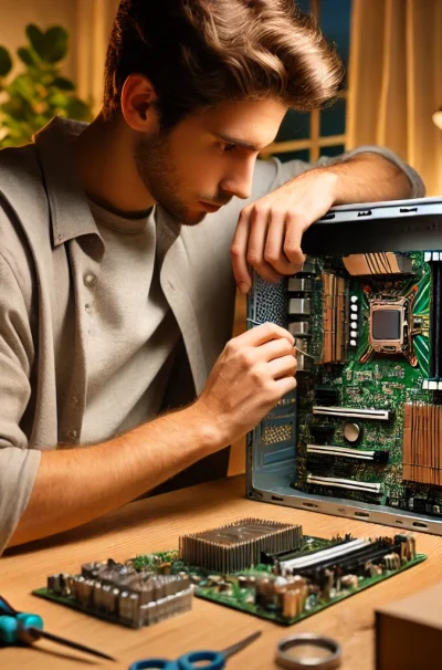 DALL·E 2024-09-22 23.02.29 - A detailed image of a person assembling a computer. The person is seated at a desk, focused on carefully placing components like a motherboard, CPU, a