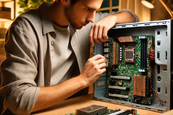 DALL·E 2024-09-22 23.02.29 - A detailed image of a person assembling a computer. The person is seated at a desk, focused on carefully placing components like a motherboard, CPU, a