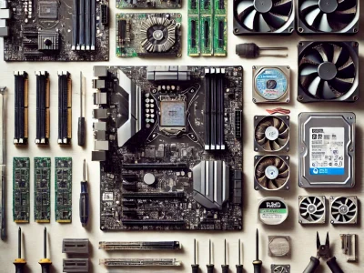 DALL·E 2024-09-25 17.38.55 - A detailed image of various computer components laid out on a table, ready for assembly. The components include a motherboard, CPU, RAM sticks, graphi
